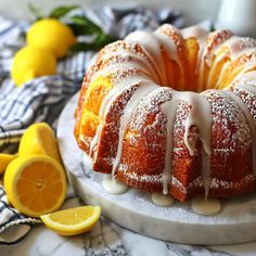 a lemon bunt cake with icing drizzled on top