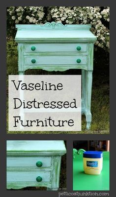 an old dresser has been painted green and is being used as a table for furniture