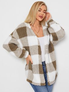 Check Pattern Open Front Long Sleeve Loose Jacket Casual Open Front Outerwear For Cold Weather, Loose Jacket, Teddy Jacket, Jackets Online, Check Pattern, Front Open, Vest Jacket, See More, Color Mixing