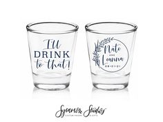 Need these in a rush? We would be happy to help! Please contact us before purchase, and we can get a rush shipping quote for you. Shot glasses are great to use as wedding favors, bachelor and bachelorette party favors, and for other big celebrations! They are a fun, affordable, and are a great keepsake for your guests. There are 22 ink colors to choose from. * 1.75 oz Clear Custom Shot Glasses - 2" W x 2.25" H * Printed on both sides (listing image show front and back) * Imprint area: 1-1/4" W x Bachelor And Bachelorette Party, Wedding Shot Glasses, Custom Shot Glasses, Bridal Favors, Beer Holders, Custom Wedding Favours, Wedding Shot, Favors Wedding, Bachelorette Party Favors