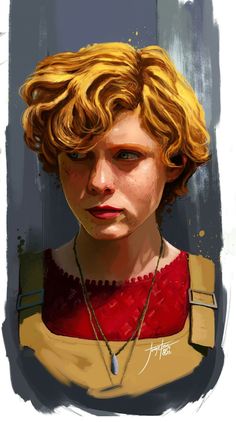 a digital painting of a woman with blonde hair wearing a red shirt and gold necklace