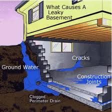 an image of a house with water coming out of the basement and below it is labeled what cause a leaky basement?