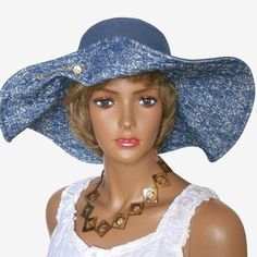 Size 57 cm. Women's hat from denim fabric. This sun hat is made of denim and jacquard denim fabric. Wide brims provide protection from the summer sun. Elegant wide brimmed hat. Decor - nacre buttons and chain. The brims can be raised and pinned with a brooch. For those who like denim style.  Hat with lining. Hat Decor, Wide Brimmed Hat, Burgundy Scarf, Denim Cap, Denim Baseball Cap, Nuno Felt Scarf, Womens Hat, Summer Hats For Women, Elegant Hats