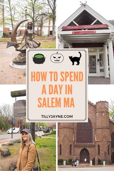 a woman standing in front of a building with the words salem itinerary for this halloween