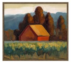 a painting of a red barn in the middle of a field with trees and mountains behind it