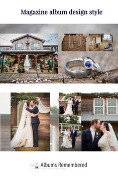 the wedding album is shown with photos and text, including an image of a bride and groom