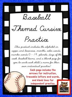 baseball themed cursive practice poster with an image of a ball and bat on it