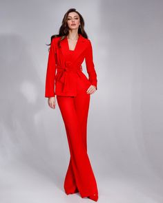 Fabric: Crepe Composition: cotton 65%, polyester 35% Included: jacket, corseted crop top, wide-leg pants and belt Wide-notched lapels High-rise pants Pants length (inseam): 95cm/ 37.5in Color: Black, white, red, camel Fitted Belted Evening Pantsuit, Red Wide-leg Pantsuit For Formal Occasions, Wide Leg Two-piece Pantsuit For Workwear, Spring Formal Pantsuit With Belted Cuffs, Fitted Belted Pantsuit For Fall, Red Fitted Wide Leg Set, Red Straight Pants Sets For Spring, Chic Red Wide Leg Pantsuit, Chic Belted Spring Sets