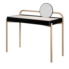 a black and white desk with a mirror on it's back end, against a white background