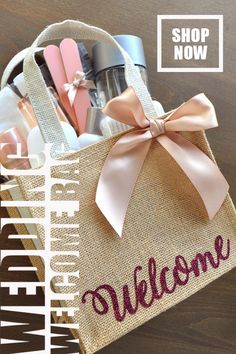 a welcome gift bag with personalized items in it and the words welcome on it