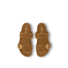 LOUIS VUITTON® - Bom Dia Flat Comfort Mule - Camel Louis Vuitton Mules, Spring Sandals, Trunk Bag, Model Features, Leather Denim, Wallet Pouch, Buckle Shoes, Monogram Bag, Louis Vuitton Shoes