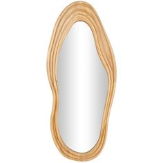 an oval wooden mirror on a white background