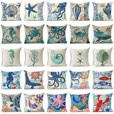 many different pillows with sea animals on them