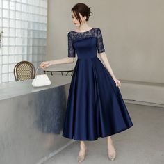 Navy Blue Tea Length Satin Short Sleeves Party Dress, Blue Wedding Par – BeautyDressy Elegant Royal Blue A-line Dress, Blue Fitted A-line Bridesmaid Dress, Blue A-line Evening Dress For Banquet, Royal Blue A-line Evening Dress For Prom, Blue A-line Midi Dress For Prom Season, Fitted A-line Bridesmaid Dress For Banquet, A-line Fitted Evening Dress For Wedding Guest, Blue A-line Bridesmaid Dress, Blue A-line Bridesmaid Dress For Prom