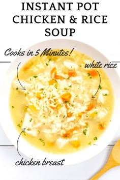 instant pot chicken and rice soup in a white bowl with ingredients labeled on the side