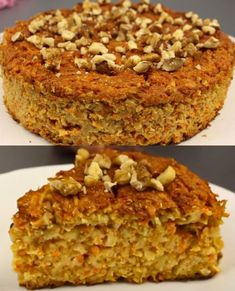 two pieces of carrot cake sitting on top of a white plate next to each other