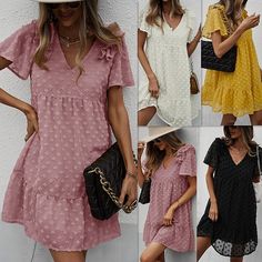 Casual V-neck Short Sleeve Sexy Dress New Summer Women Dress Fashion Chic Hiffon Pure Color Hair Ball A-line Mini Dresses Boho Beach Dress, Solid Color Shirt, Color Hair, Fashion Seasons, Big Hair, A Word, Fashion Chic, Mini Dresses, Women Dress