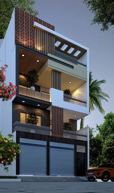 a two story building with garages and plants on the top floor, surrounded by palm trees