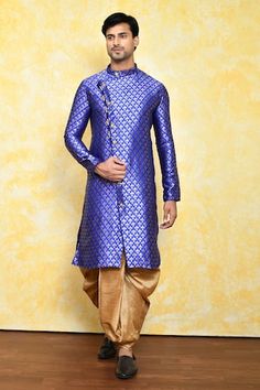 Royal blue jacquard kurta with floral motifs print. Comes with dark beige silk dhoti pant. - Aza Fashions Blue Kurta With Traditional Drape For Ceremonies, Traditional Royal Blue Kurta With Traditional Drape, Blue Kurta For Navratri Ceremonial Events, Designer Sherwani With Zari Weaving In Traditional Drape, Blue Ceremonial Kurta For Navratri, Traditional Blue Sherwani For Navratri, Traditional Royal Blue Kurta With Pallu, Blue Banarasi Silk Kurta With Self Design, Royal Blue Kurta With Pallu For Diwali