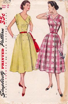 two women in dresses from the 1950's, one is wearing a dress and the other has a red purse