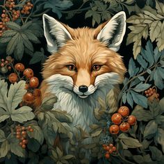 a painting of a fox surrounded by leaves and berries