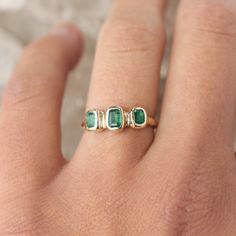 Emerald Trio Ring II | Emeralds, 14k Gold – From Isla Unique Emerald Ring, Heirloom Emerald Ring In 14k Gold, Emerald Ring Embedded, Handmade Heirloom Emerald Ring, Heirloom 14k Gold Emerald Ring, Heirloom Gold Emerald Stackable Ring, Ethereal Jewelry, Trio Ring, Ring Stack