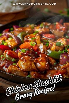 chicken stir - frys with gravy recipe in a skillet on the table