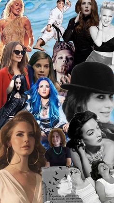 the collage shows many different women in black and white outfits, including one with blue hair