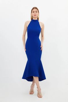 Compact Stretch Tailored High Low Midi Dress | Karen Millen Fitted Halter Neck Mermaid Dress For Evening, Elegant Stretch Halter Dress For Evening, Elegant Stretch Midi Dress With Halter Neck, Elegant Stretch Halter Dress Knee-length, Elegant Stretch Halter Midi Dress, Chic Stretch Midi Dress With Mermaid Hem, Fitted Elastane Halter Dress For Evening, Chic Formal Midi Dress With Mermaid Hem, Elegant Fitted Halter Dress In Elastane