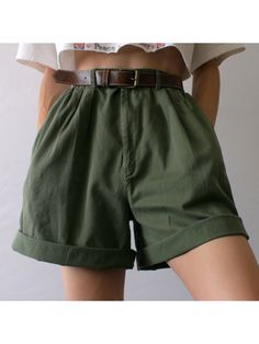 ⭐️ Chic Bottoms, Vintage High-waist Solid Color Shorts Green Wide Leg Shorts With Pockets, Green Wide-leg Shorts With Pockets, High-waist Cotton Shorts With Belt Loops, High Waist Cotton Shorts With Belt Loops, Short Bottoms With Belt Loops, Khaki High-waisted Shorts With Belt Loops, Khaki Bottoms With Elastic Waistband For Summer, High Waist Shorts With Belt Loops For Spring, Summer Khaki Bottoms With Elastic Waistband