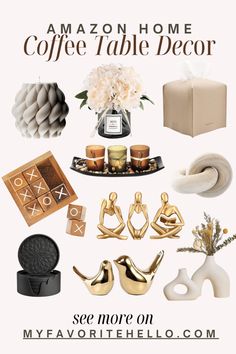 an advertisement for the amazon home coffee table decor contest, featuring gold and white items