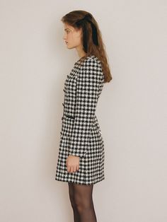 Editor's NotesVEM.VER’s Houndstooth Tweed Dress is cut from a soft wool blended tweed fabric that is made in Italy. Style it up with some accessories such as a black leather quilted bag or a pair of black kitten heeled pumps or black leather riding boots.- Houndstooth patterned- Wool blended tweed fabric- Round neck- Contrast trims and covered buttons- Patch pockets- Princess seam lines with an emphasized waist- Above-the-knee mini length- Button fastenings through frontMeasurements (in.)Size (S Chic Houndstooth Tweed Dress For Fall, Chic Tweed Dress With Houndstooth Pattern For Fall, Office Tweed Dress With Houndstooth Pattern, Chic Houndstooth Tweed Dress For Work, Fall Tweed Dress For Work, Fitted Tweed Dress For Office Wear In Fall, Houndstooth Tweed Dress For Work, Winter Tweed Dress With Houndstooth Pattern, Fall Houndstooth Tweed Dress