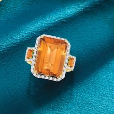 Ross-Simons - 16.20ct t. w. Madeira Citrine, .44ct t. w. Diamond Ring in 14kt Yellow Gold. Size 8. Fiery and fabulous! This ring showcases a 16.00 carat emerald-cut Madeira citrine sided by .20 ct. t. w. Madeira citrine baguettes and framed by .44 ct. t. w. round brilliant-cut diamonds in white rhodium. Crafted in polished 14kt yellow gold. 7/8" wide. Diamond and Madeira citrine ring. Citrine birthstones are the perfect gift for November birthdays. Citrine Birthstone, Eco Brand, November Birthday, Yellow Gold Jewelry, Citrine Ring, Round Brilliant Cut Diamond, Yellow Gold Rings, Free Jewelry, Emerald Cut