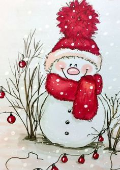 a snowman wearing a red hat and scarf