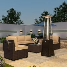 an outdoor living area with furniture and lights