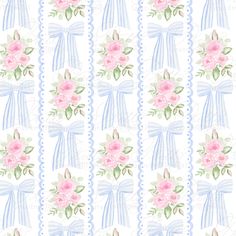 pink roses on blue and white striped background with laces, ribbons and bows in the center