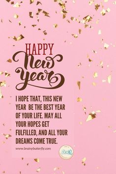 a pink background with gold confetti and the words happy new year