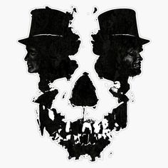 a black and white drawing of two men in top hats, one with a skull on it