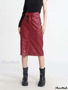 Olivia Mark - Vintage High-Waist Red Leather Skirt with Chic Tote Design Red Knee-length Bottoms For Fall, High Waist Red Skirt For Winter, Red Knee-length Skirt For Fall, Red Pencil Skirt For Workwear In Fall, Red Pencil Skirt For Fall Workwear, Red Knee-length Bottoms For Winter, Red Knee-length Winter Bottoms, Red Pleated Skirt For Fall, Red Pencil Skirt For Fall