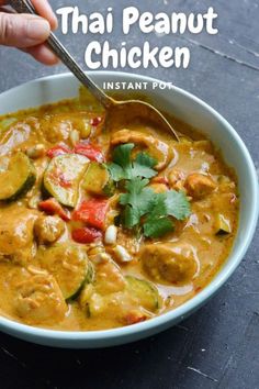 a person is holding a spoon over a bowl of thai chicken