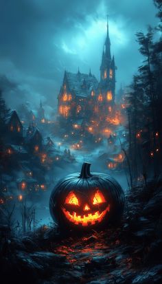 a halloween pumpkin sitting in the middle of a forest with a castle in the background