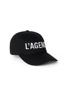 A sporty-chic baseball cap in true black adorned by a white embroidered L'AGENCE logo. In a breathable cotton chino twill, classic design features meticulously stitched visor and crown eyelets. Back adjustable buckle-strap ensures a proper fit. The perfect accessory for denim styles and other casual looks. 100% Cotton. Trendy Baseball Cap With Logo And Curved Brim, Classic Black Baseball Cap With Logo Print, Classic Baseball Cap With Logo Print And Curved Brim, Adjustable Baseball Cap With Logo Print, Classic Dad Hat With Embroidered Logo Visor, Classic Hat With Logo Print And Curved Brim, Classic Dad Hat With Embroidered Logo, Classic Six-panel Hat With Logo, Classic Hat With Curved Brim And Logo Print