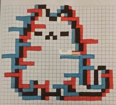 a piece of paper that has been made to look like a cat with red, blue and black squares on it