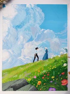 a painting of two people standing on a hill with an umbrella over their heads and flowers in the foreground