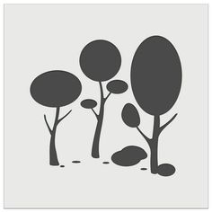 trees and rocks are shown in this black and white illustration on a light gray background