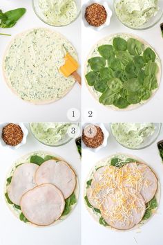 the steps to make spinach pizzas are shown in four different stages, including cheese and meat