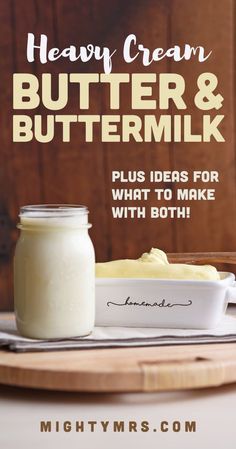 butter and buttermilk on a wooden tray next to a jar