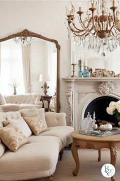 a living room filled with furniture and a chandelier hanging from the ceiling over a fire place