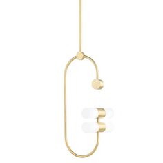 the brass and glass chandelier with two lights on each side, hanging from a metal rod