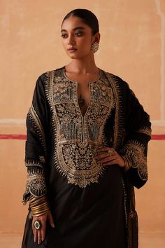 Buy Sureena Chowdhri Black Veer Silk Zardozi Embroidered Kurta Set Online | Aza Fashions Embroidery On Salwar, Black Silk Kurta, Sureena Chowdhri, Placement Pattern, Dupatta Embroidery, Sheer Dupatta, Velvet Dress Designs, Kurta Set For Women, Silk Kurta